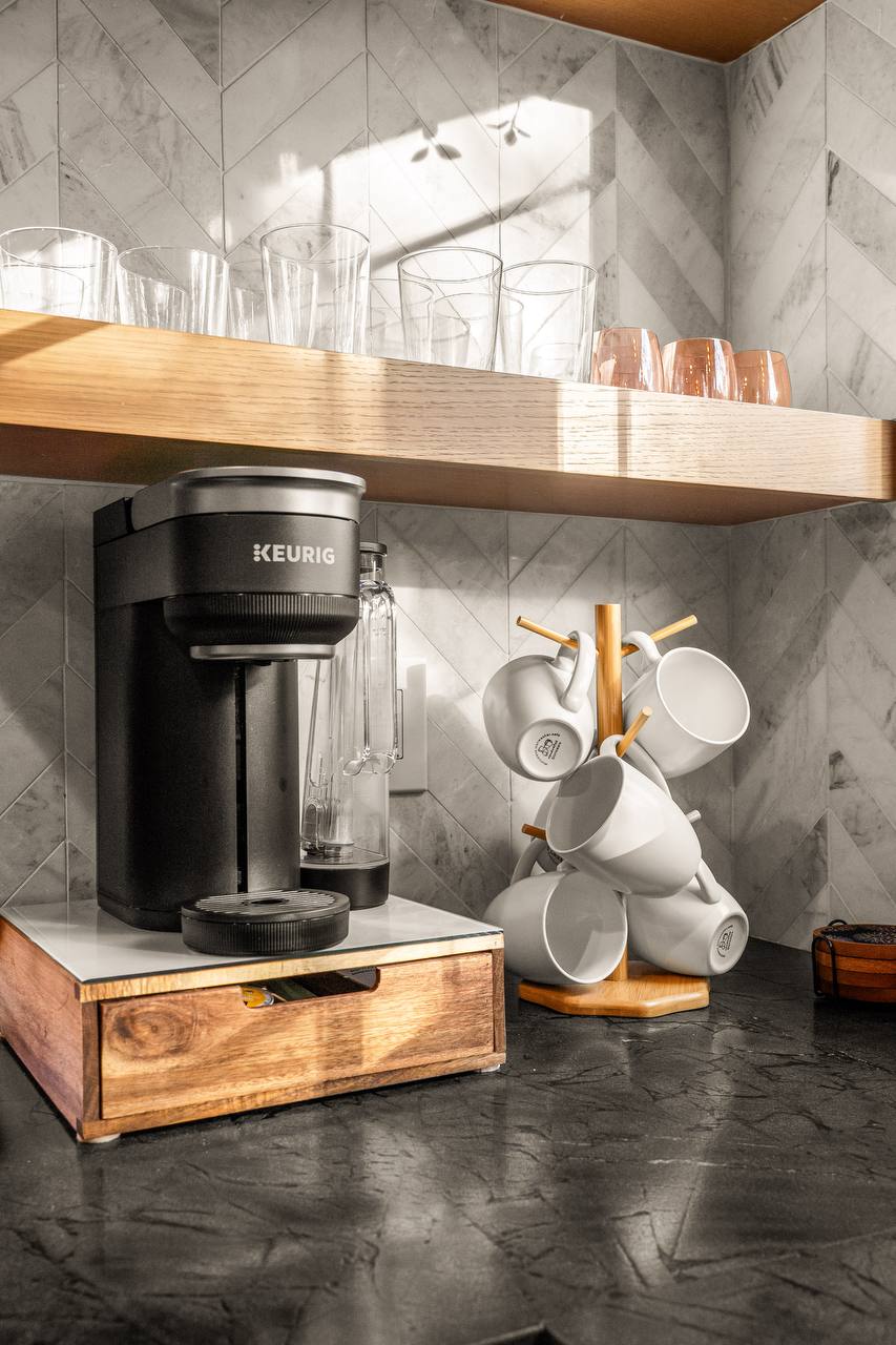 Coffee station with Keurig and curated mugs