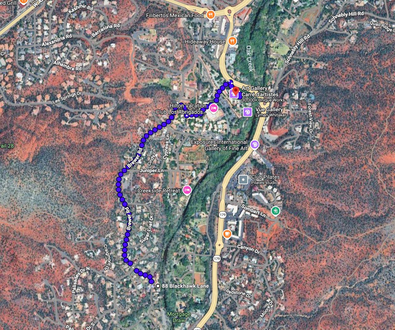 Walking map from Creekside 88 to Tlaquepaque Arts Village — 1 mile, 20 minutes